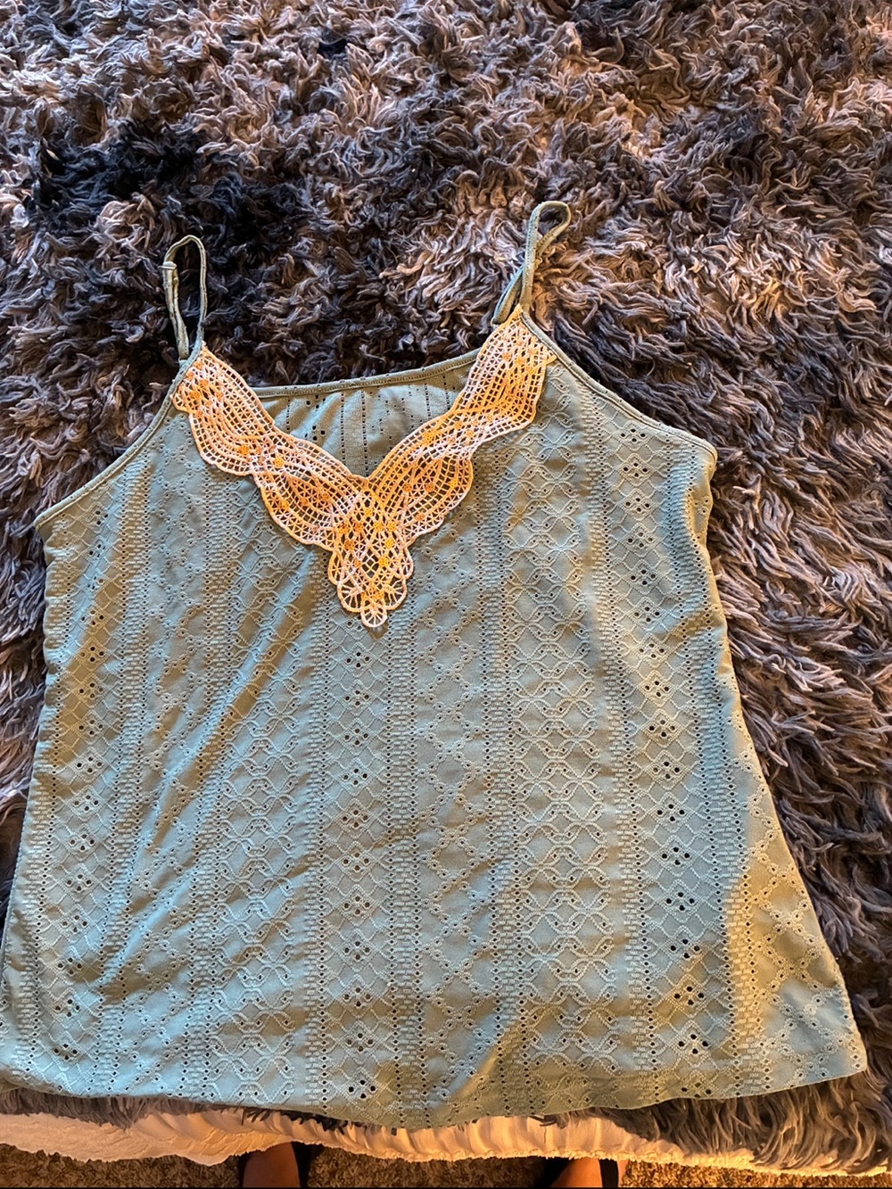SHEIN Sage Green Eyelet Camisole with Peach Lace V-Neck